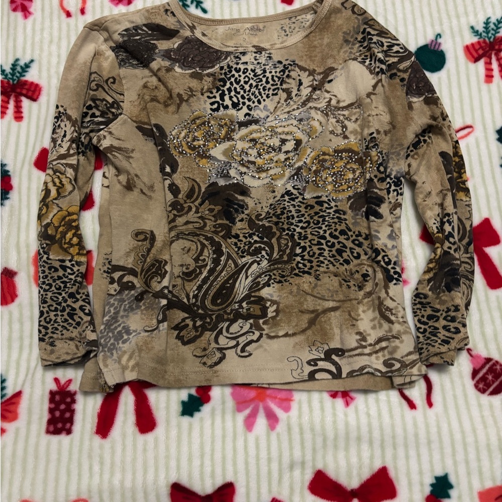 Jane Ashley Brown and Gold Long Sleeve Tee with Elegant Details